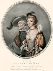 An Illustration Depicting the Old Husband and His Young Bride from Chaucer